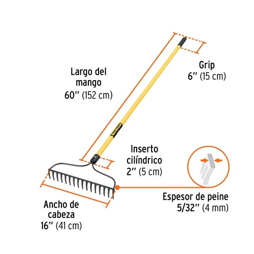 Rastrillo Jardinero, 16 Dientes, Mango 60'' Fibra De Vidrio
