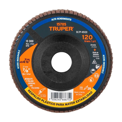 Disco laminado 4-1/2' grano 120 centro 7/8', pl?stico,TRUPER